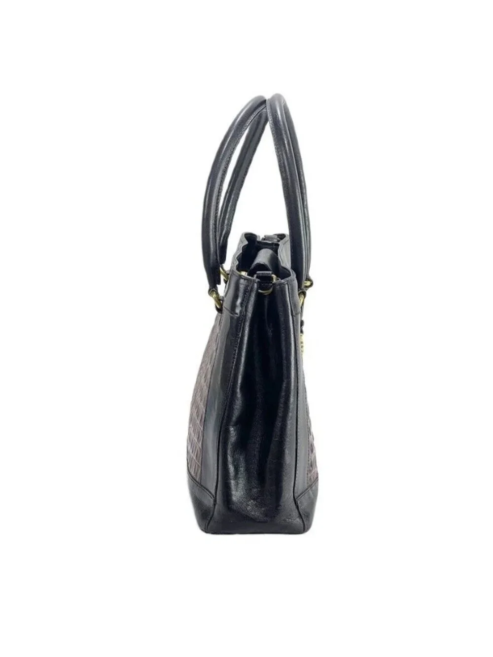 Vintage Brahmin Two-Tone Black & Brown Leather Crocodile Embossed Handbag With G